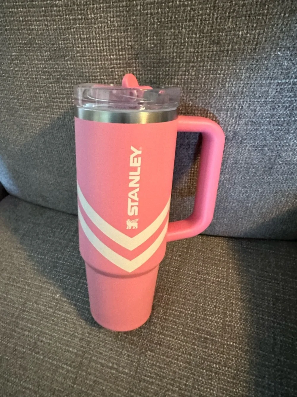 Stanley Pink Travel Tumbler with Handle and Chevron Stripes - Picture 1 of 6